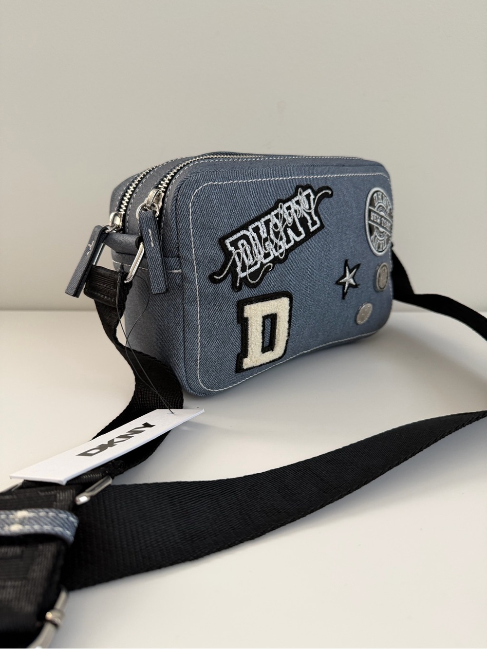 DKNY Blue Denim Patch Crossbody Bag with Black Strap - Picture 2 of 3